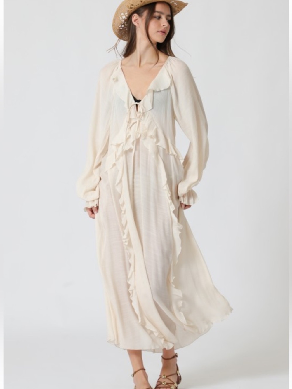 Aakaa Cream Ruffle-Tie Long Sleeve Maxi Dress